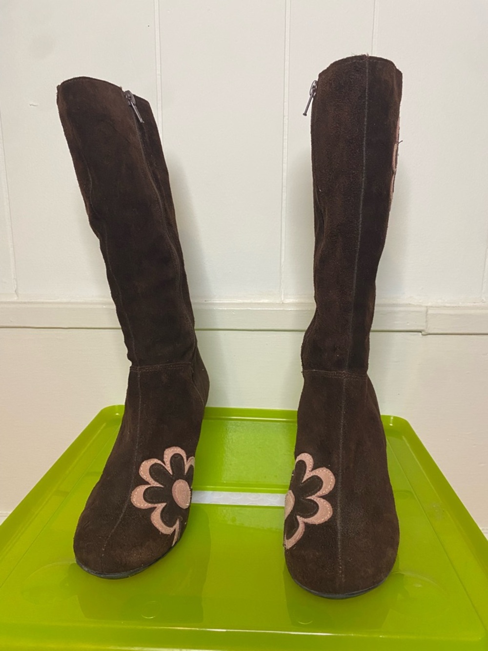 Brown Suede tall Boots with Pink Floral Appliqué + kitten heel and round toe - Picture 3 of 6